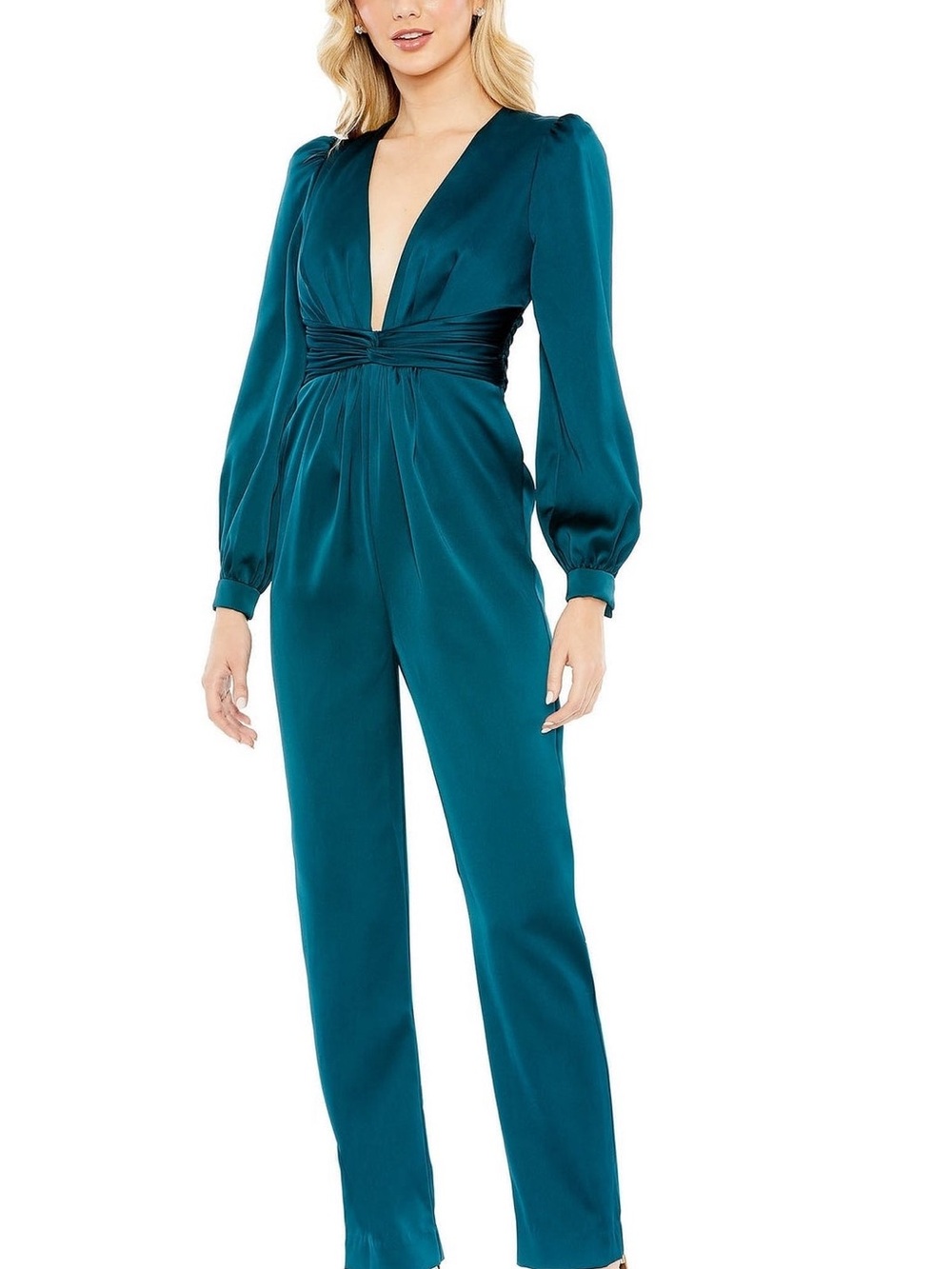Mac Duggal Long-Sleeve Teal Jumpsuit